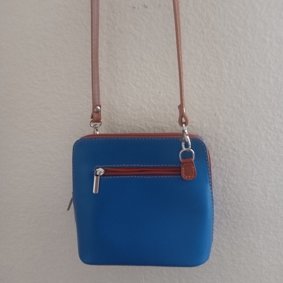 Vera Pelle Royal Blue/Tan Mini Structure Italian Leather Crossbody Bag New - Picture 3 of 11